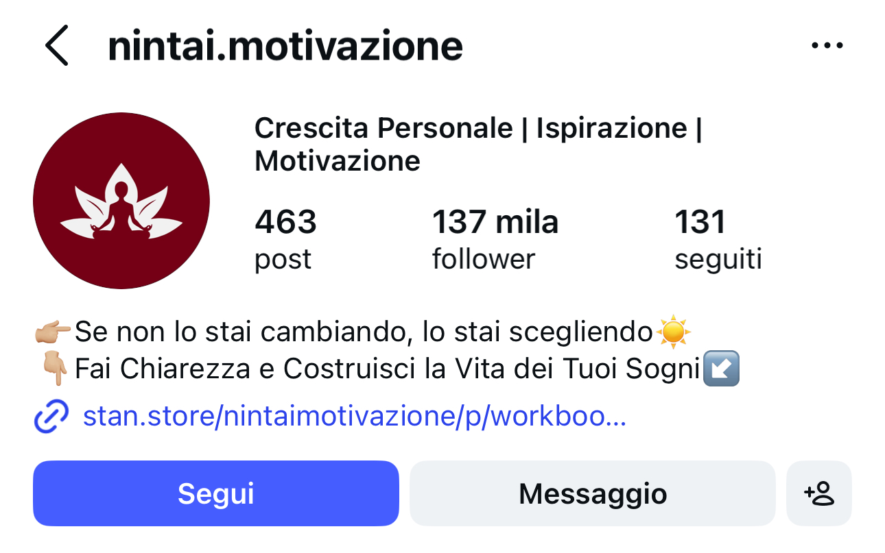 Profilo Instagram nintai.motivazione con 137 mila follower